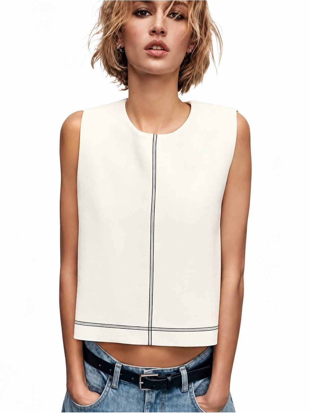ZARA topstitch sleeveless knit boxy shell top. M NWT